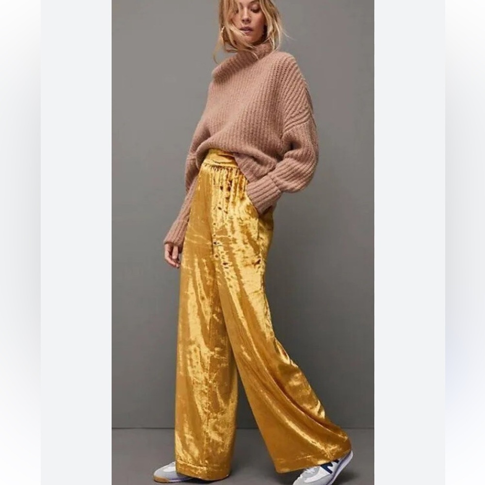 Anthropologie Anastacia Gold Velvet Wide-Leg Pants 14 NWOT